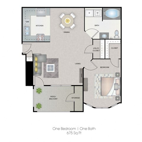 Floor plan for 1 bed, 1 bath, 675 sqft